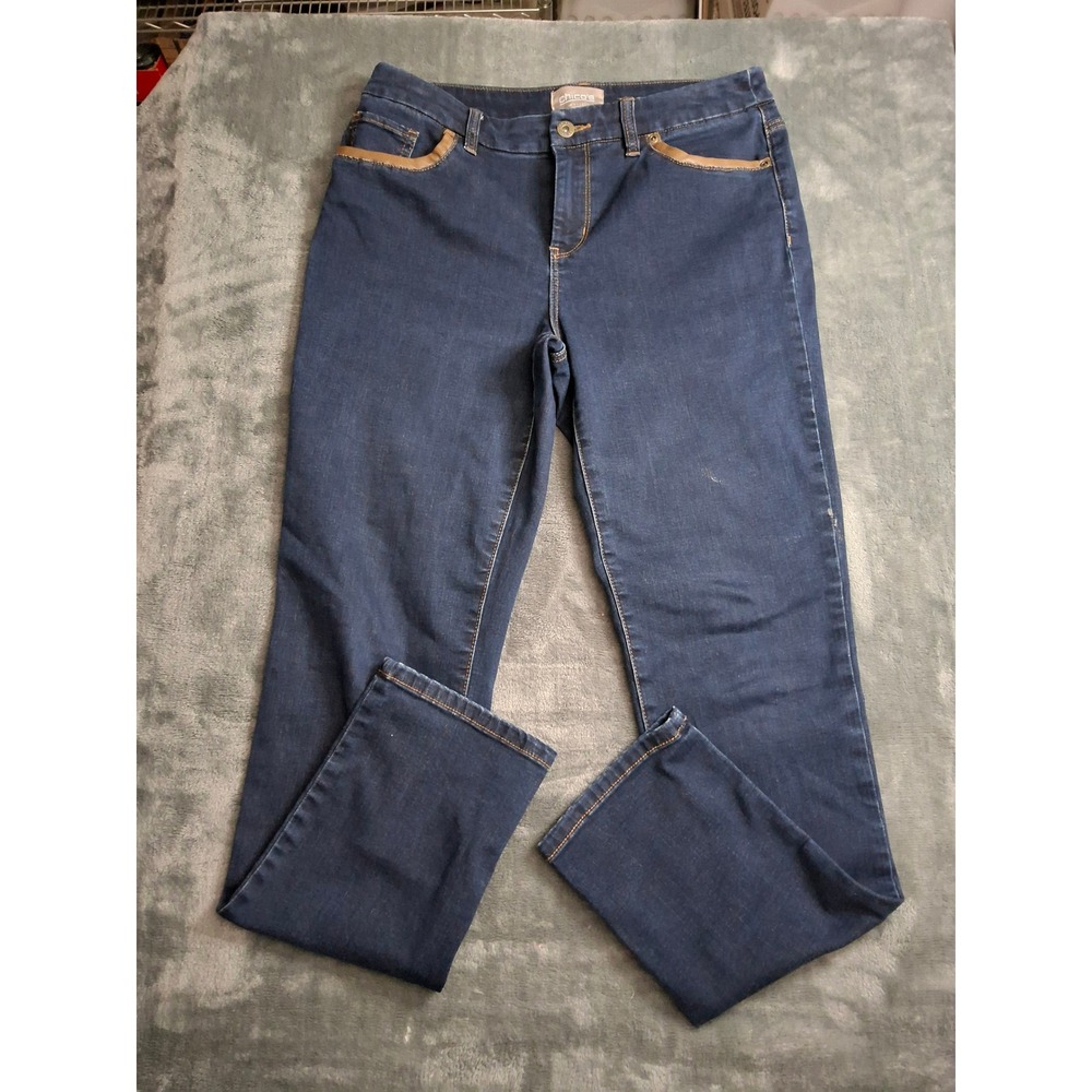 Chicos Size 0 Regular Dark Wash Straight Leg Jeans Faux Leather Trim Denim Pants